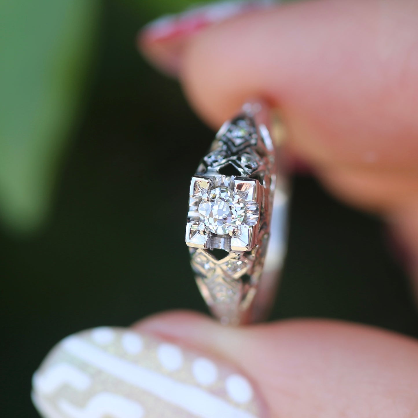 0.188ct Old Cut Diamond Solitaire, 18ct White Gold Filigree, size L or 5.75