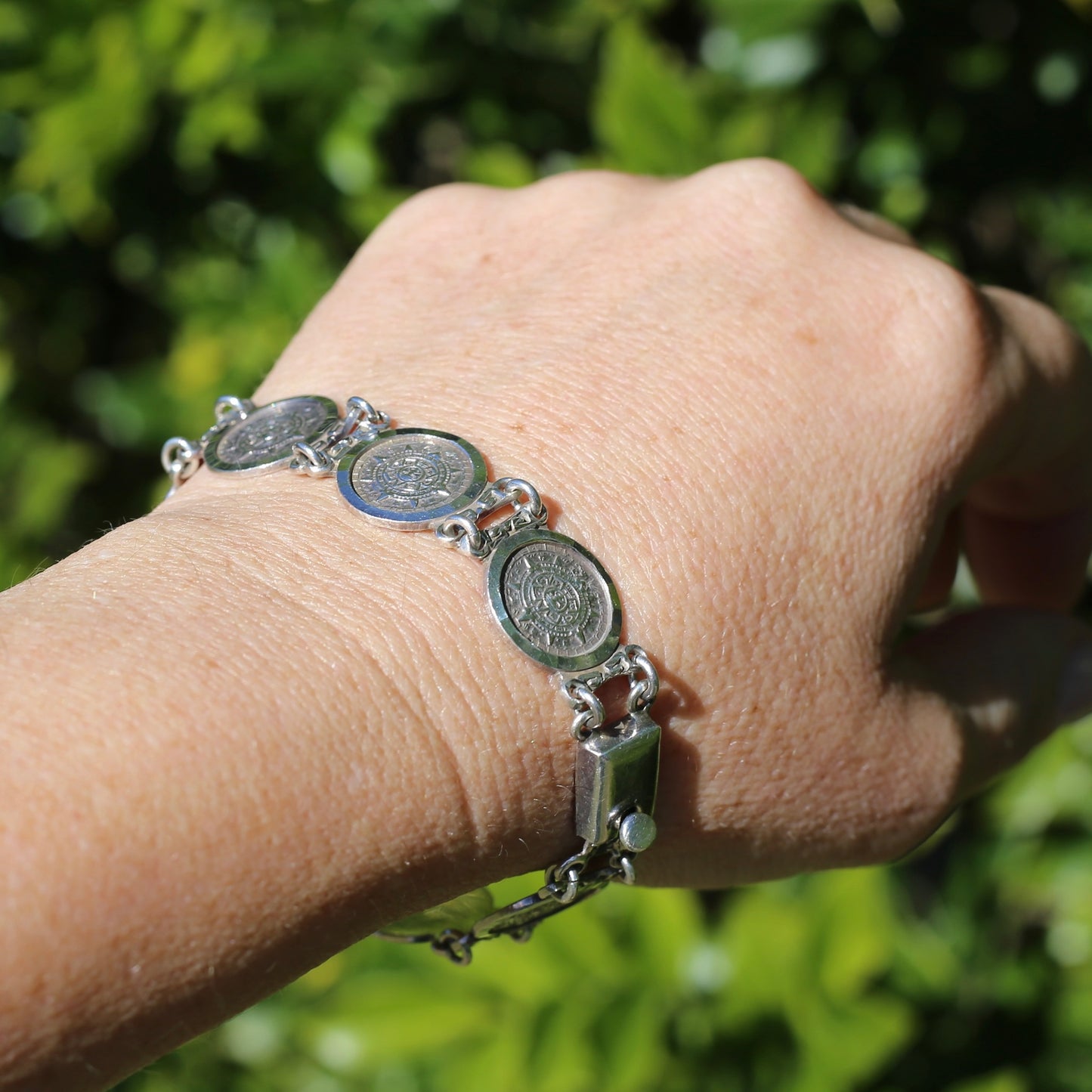 Vintage 1980s Maya Calendar Coin Bracelet, made in Mexico 950 Silver, 20cm or just under 8 inches