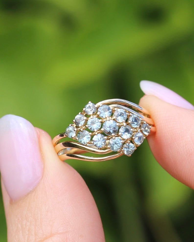 Pale Blue Parti Sapphire Bypass Cluster Ring, 9ct Yellow Gold, size P1/2 or 7.75, 2.75g
