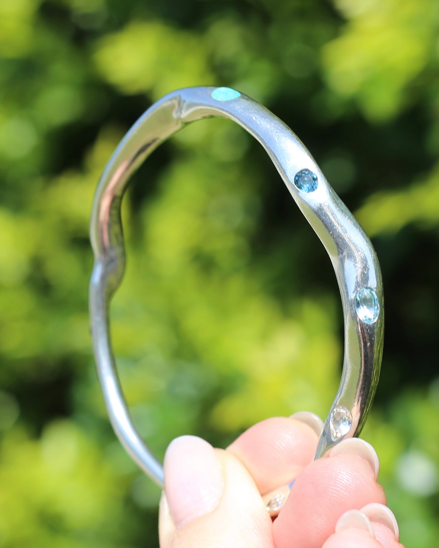Irregular Handmade Chunky Sterling Silver Bangle with Sapphires and Topaz, 42.6g
