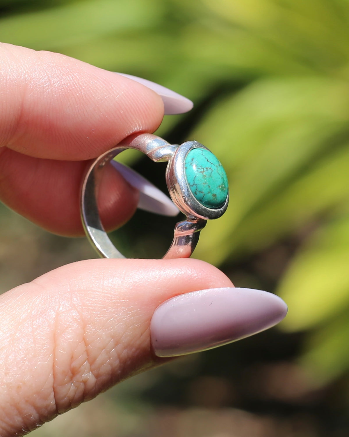 Natural Turquoise Cabochon Bezel Set Ring, Sterling Silver, size Q or just over 8, 7.3g