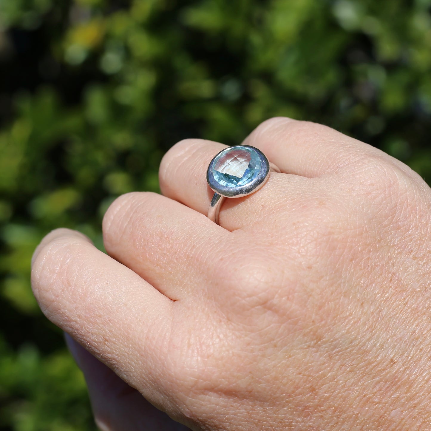 Bezel Set Harlequin Cut Blue Topaz Ring, Sterling Silver, size O or 7.25 (fits bigger)