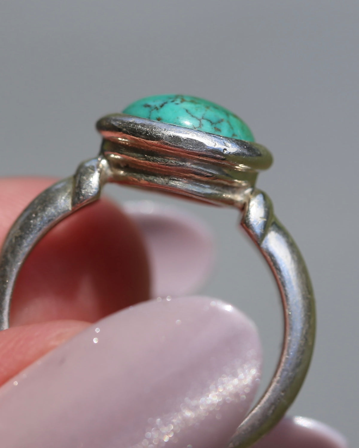 Natural Turquoise Cabochon Bezel Set Ring, Sterling Silver, size Q or just over 8, 7.3g