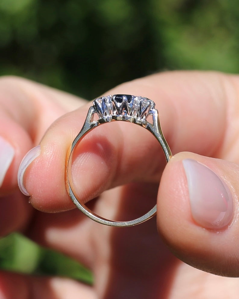 Sapphire and Diamond Trilogy, 9ct Yellow Gold and Palladium, size P or 7.75, 2.32g