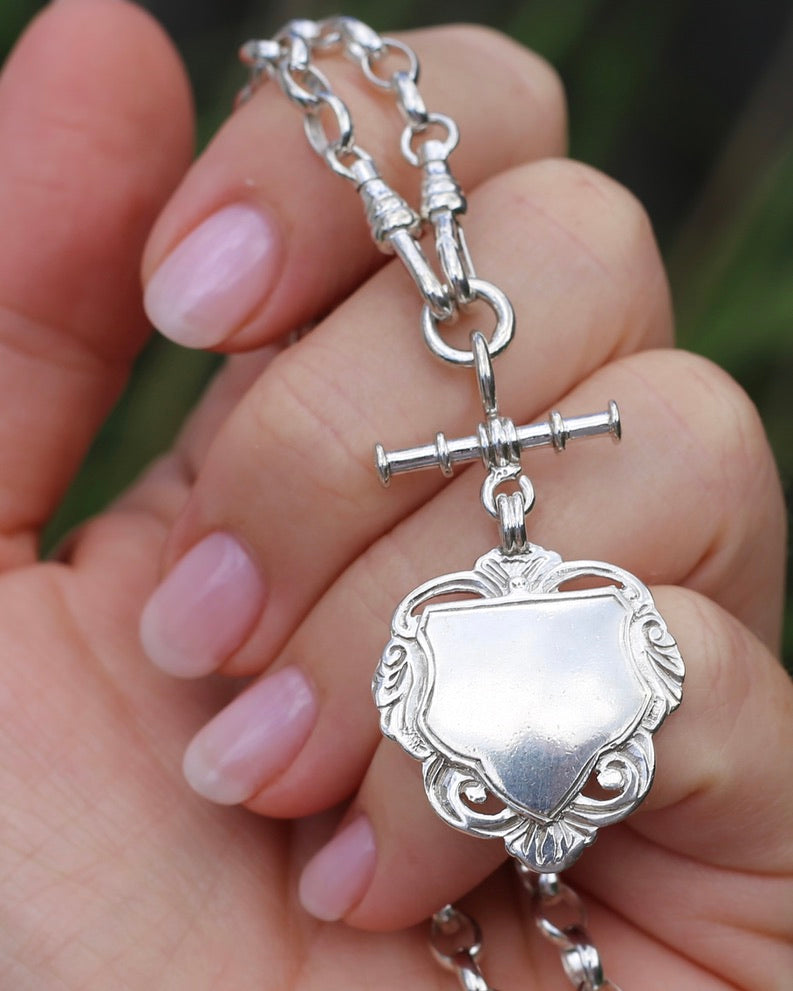 Vintage (likely Australian) Belcher Chain With Double Swivel Albert Clasps, T-bar and Fob, Sterling Silver, 47cm or 18.5 inches, 22.9g