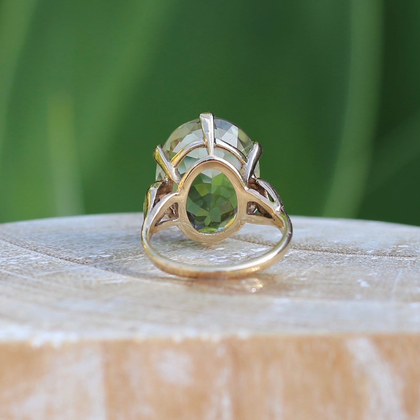 10.22ct Oval Prasiolite Cocktail Ring in Chunky 6 Claw Setting, 9ct Yellow Gold, size L or 5.75