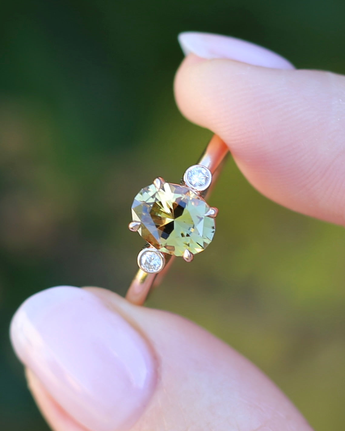 1.57ct Natural Golden Tanzanite Zoisite and Diamond Trilogy Ring, 14ct Rose Gold, size 8.75 or just over R, 3.3g, with valuation