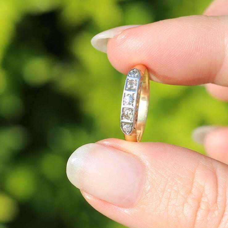 1930s Old Cut 5 Stone Diamond Ring, Platinum and 18ct Yellow Gold, size L or 5.75