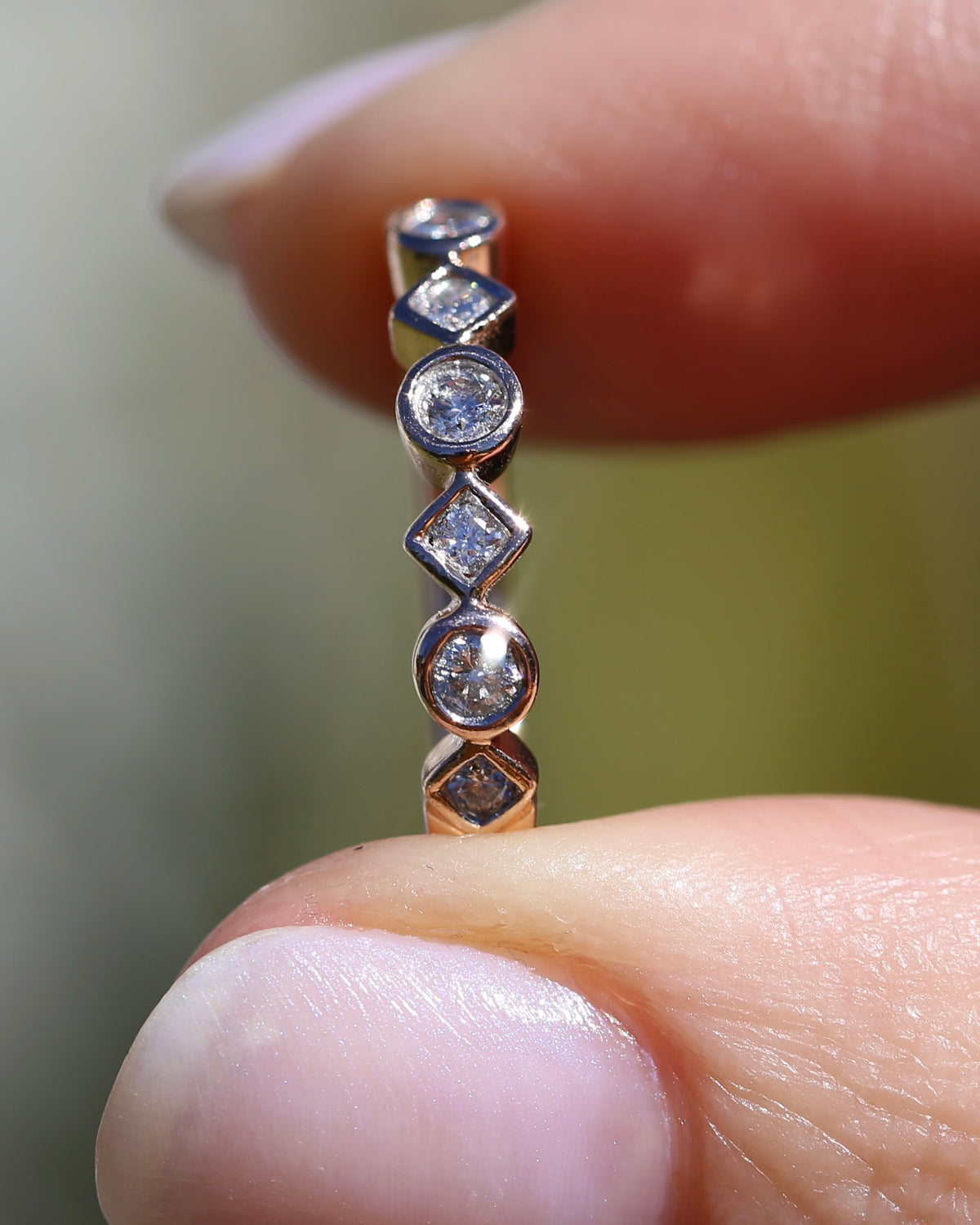 0.25ct 7 Stone Natural Diamond Bezel Set Round and Geometric Rose Gold Stacker, 10ct Rose Gold, size O or 7.25