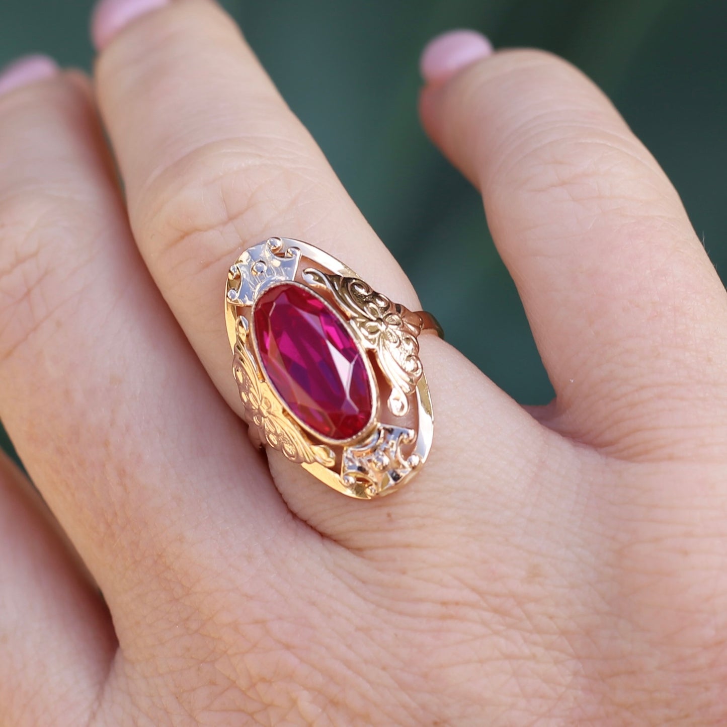 Mid Century Russian Oval Synthetic Ruby in Rosey Gold Floral Setting, 14ct Old Rosey Gold, size N1/2 or 7