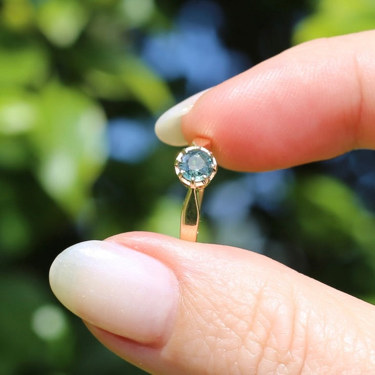 Seafoam Sapphire Solitaire in 8 Claw Setting, 9ct Yellow Gold, size L or just under 5.5