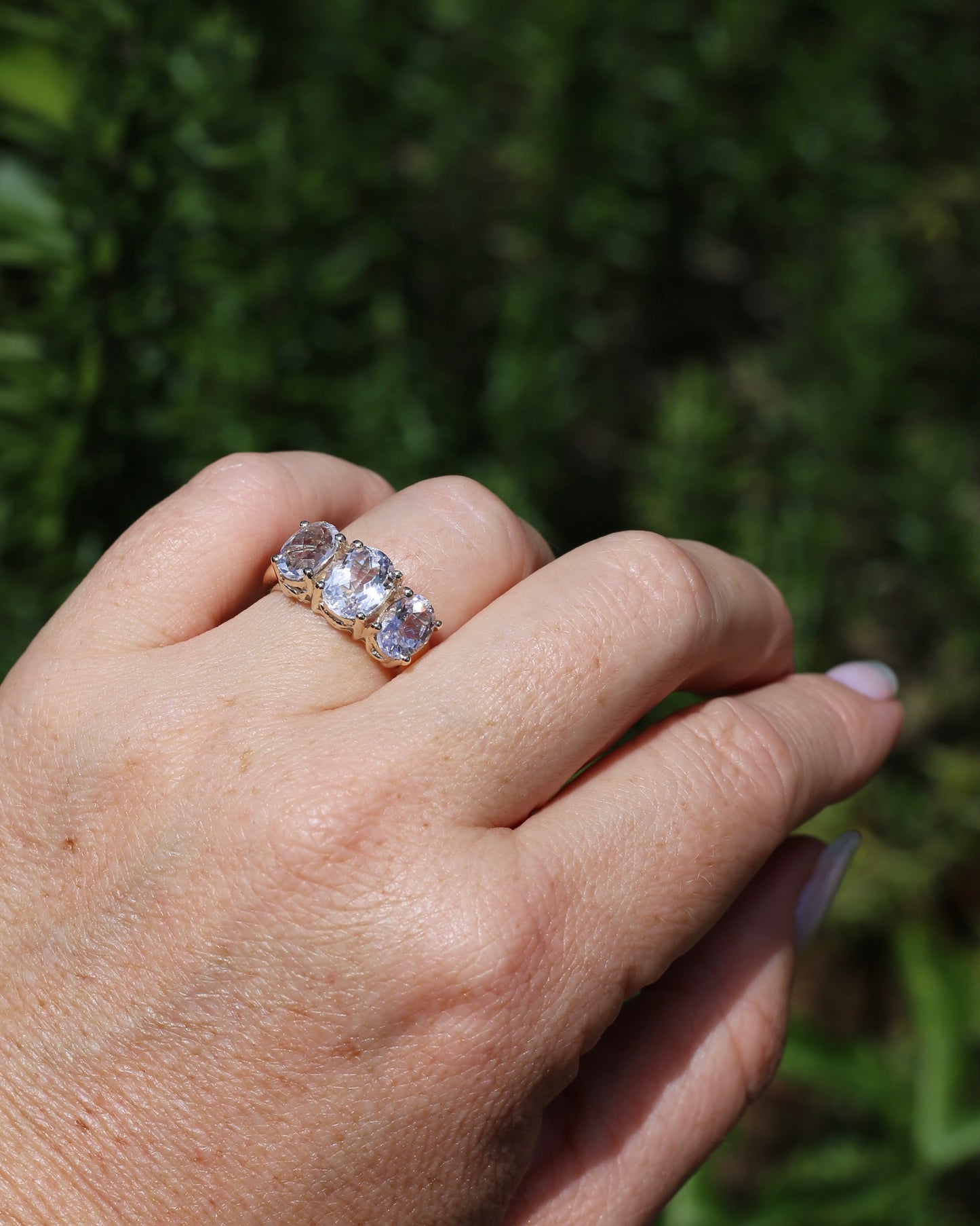 Oval Trilogy Rock Crystal Ring, 9ct Yellow Gold, size Q1/2 or 8.5, 5.59g