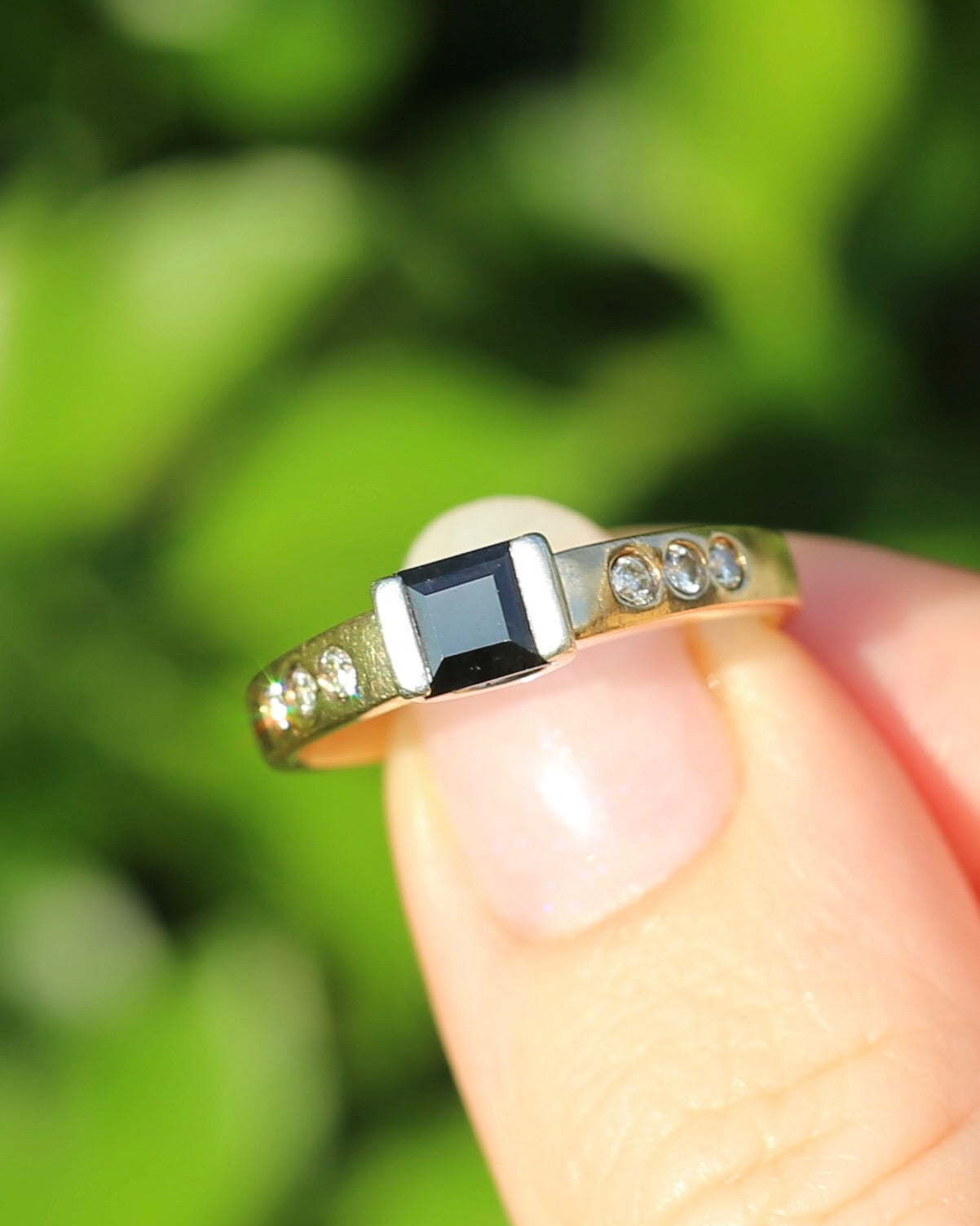 Vintage Chunky East West Set Sapphire and Flush Set Diamonds, 9ct Yellow and White Gold, size 9 or S
