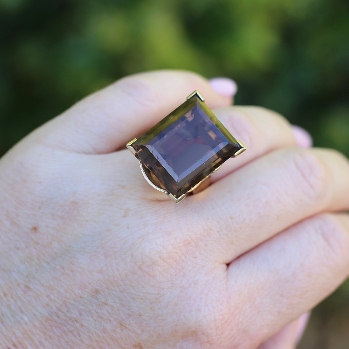 Mid Century 36ct Princess Cut Smoky Quartz Cocktail Ring, 9ct Yellow Gold, size N1/2 or 6.75