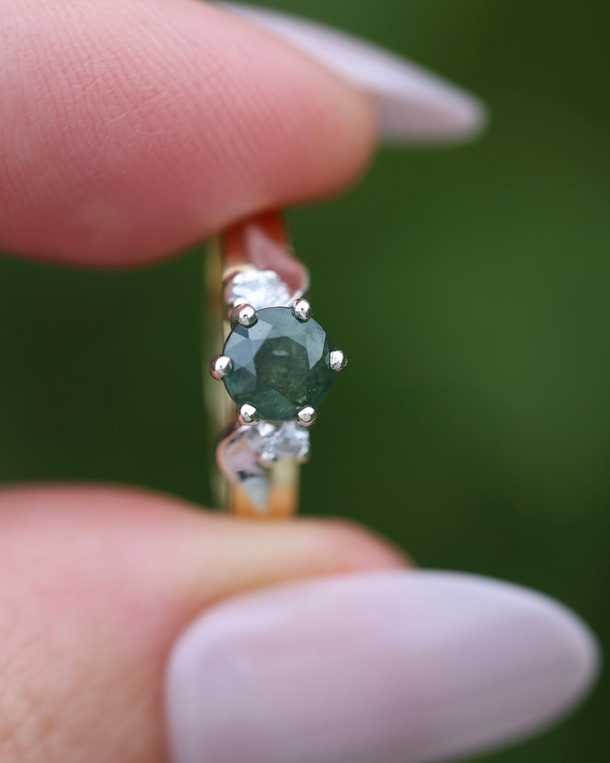 1ct Natural Green Sapphire Ring with White Spinel Side Stones, Silver and 9ct Yellow Gold, size M or 6.25, 2.1g