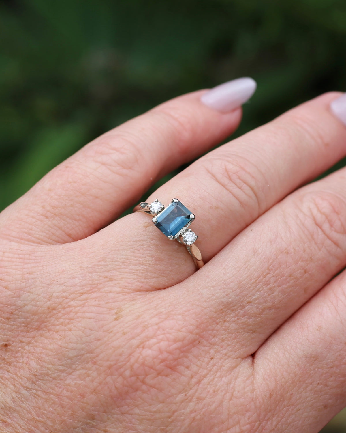 1.1ct Emerald Cut Natural Blue Teal Sapphire and Diamond Trilogy, 18ct White Gold and Platinum, size O or just over 7, 2.27g