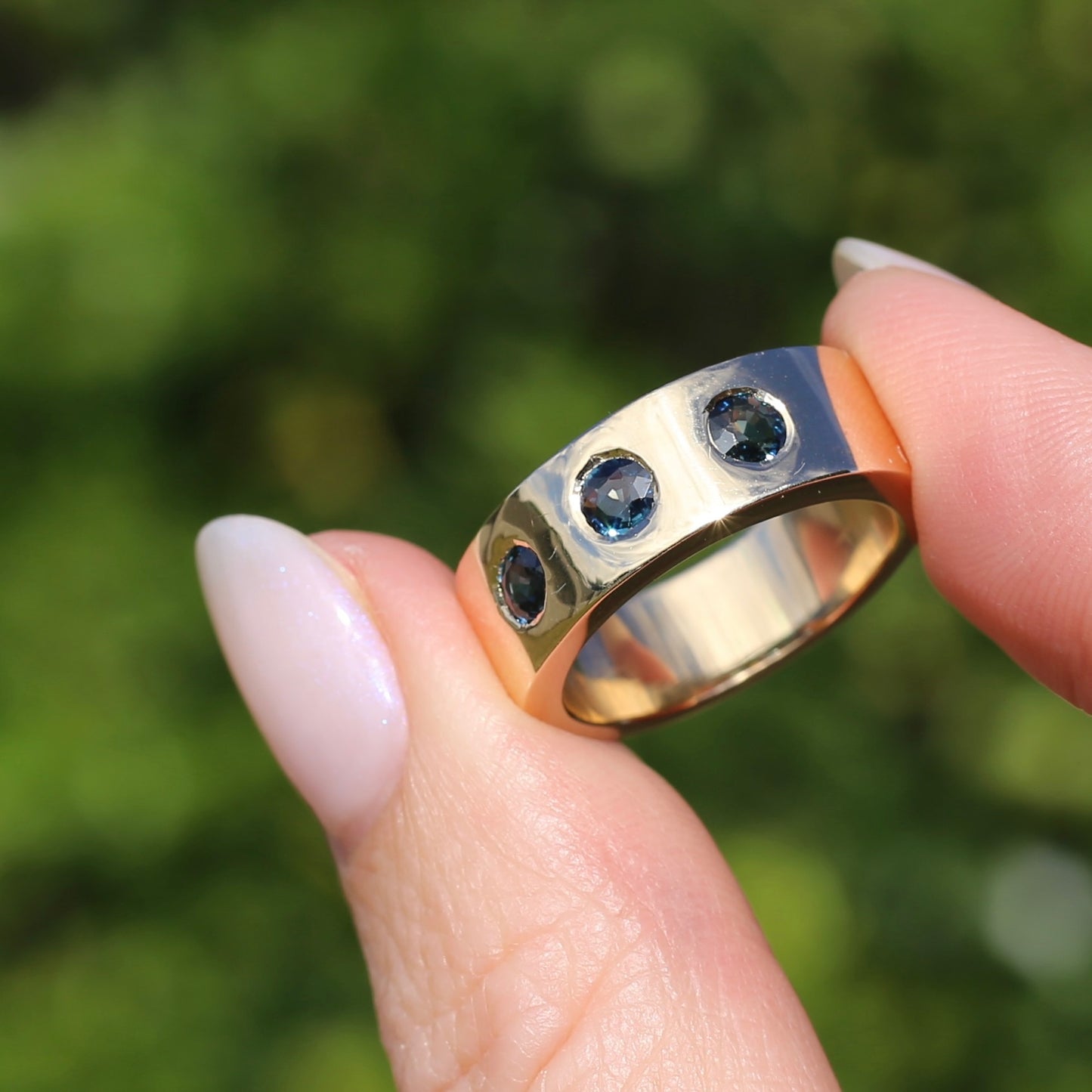 Custom Reclaimed Gold Chunky 9ct Rings with 4mm Parti Sapphires