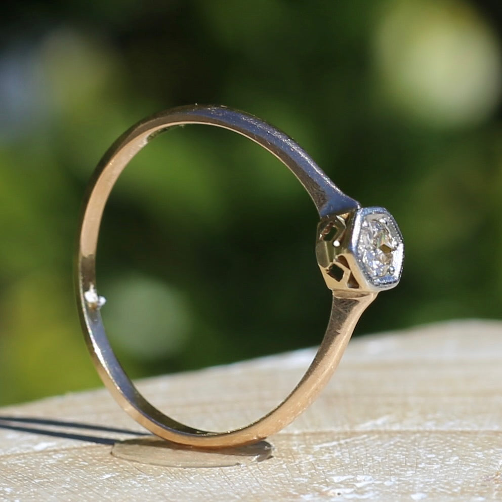 Early Australian Old Cut Diamond Solitaire by H. G. Rogers, 18ct White and Yellow Gold, size 9.5 or just over S1/2