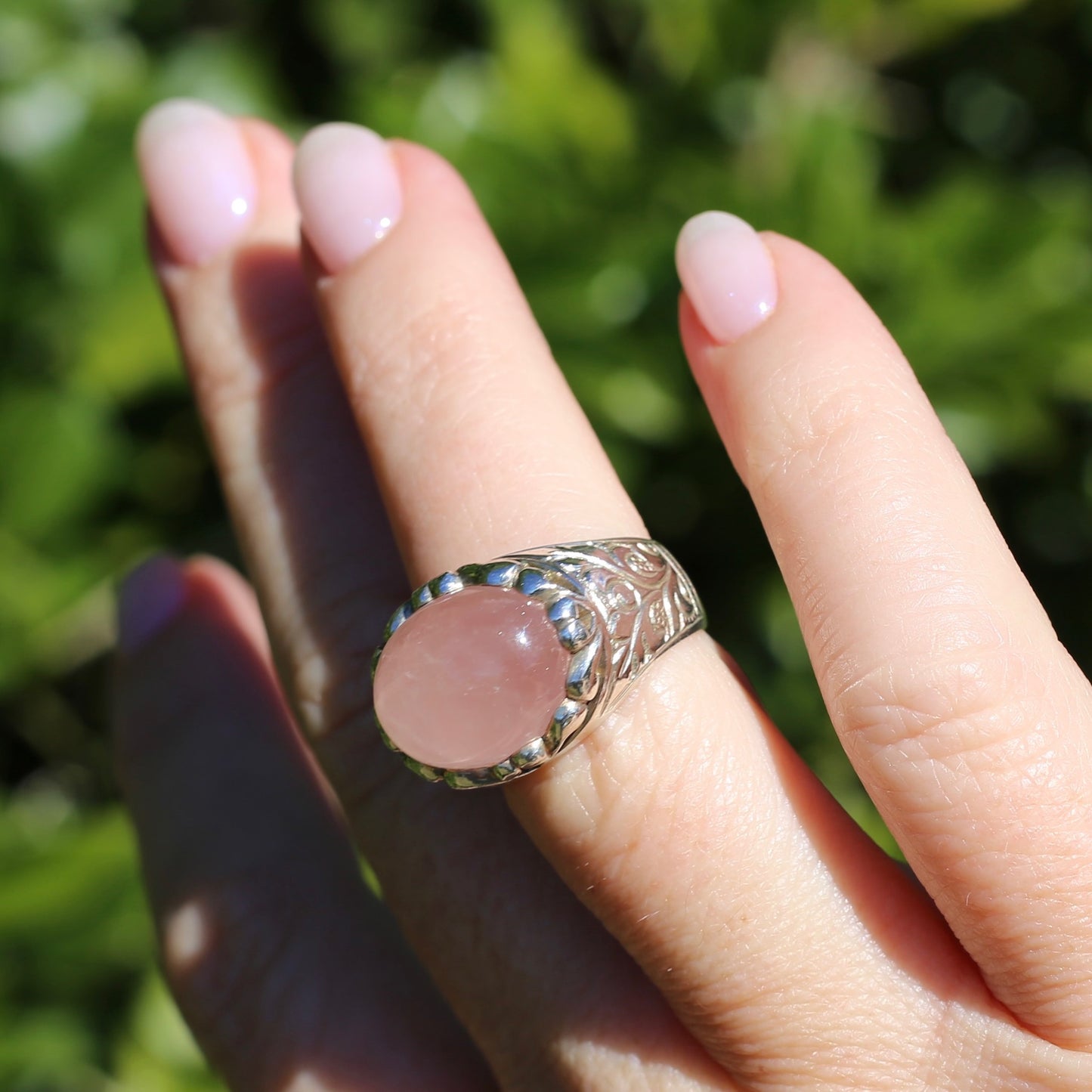 Rose Quartz Cabochon Ring, Sterling Silver, size O or 7.25