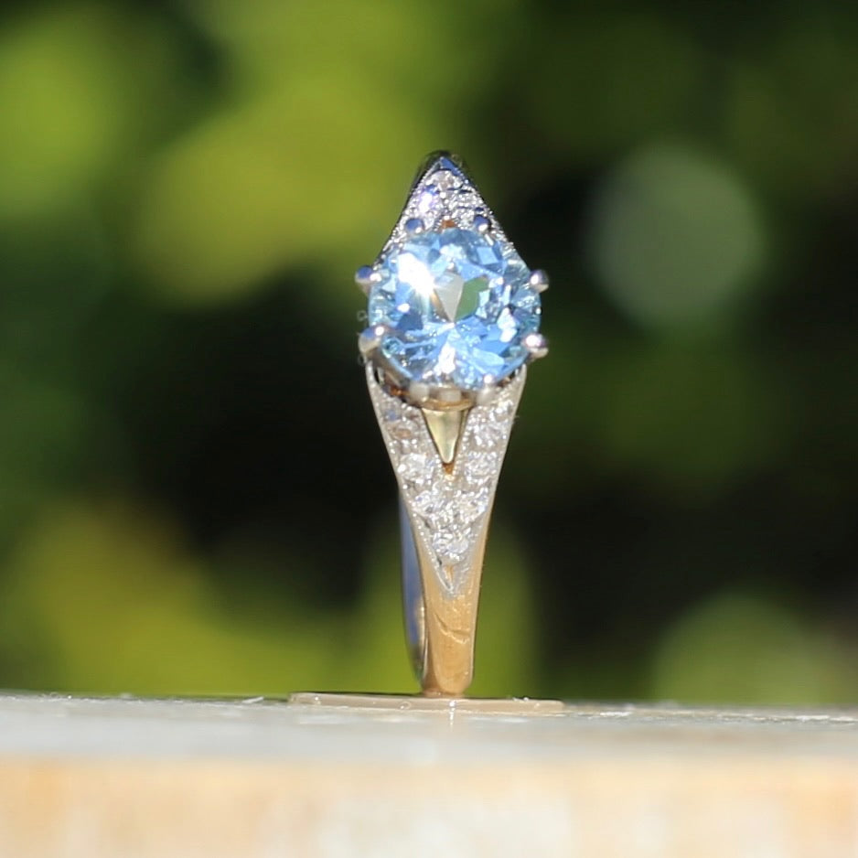 Pristine Early Australian 1930s Dunklings Blue Zircon & Diamond RIng, size L or just over 5.5