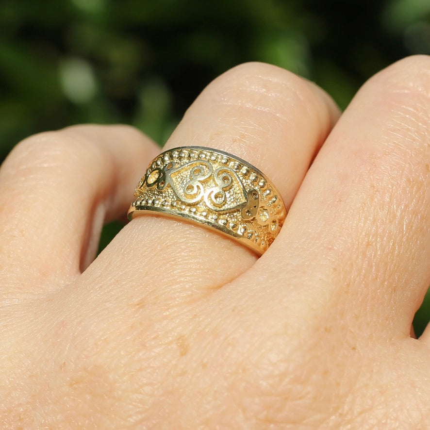 Chunky Embossed Decorative Wide Gold Ring, 14ct Yellow Gold, size N1/2 or 7