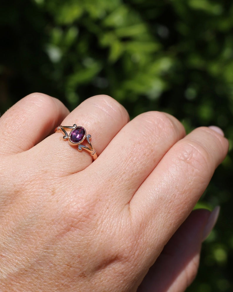 1996 Australian Made Bezel Set Rhodolite Garnet, 9ct Rose Gold, size O or just over 7, 2.60g