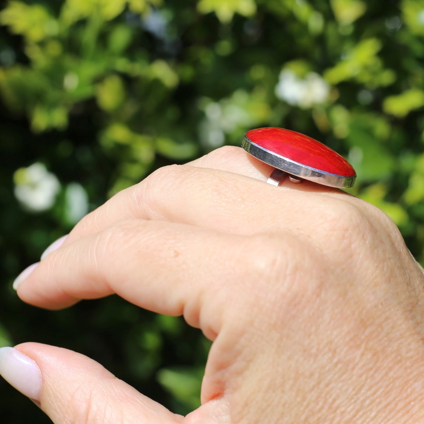 Large Red Oval Cabochon Resin ring, sterling silver, size O or 7.25