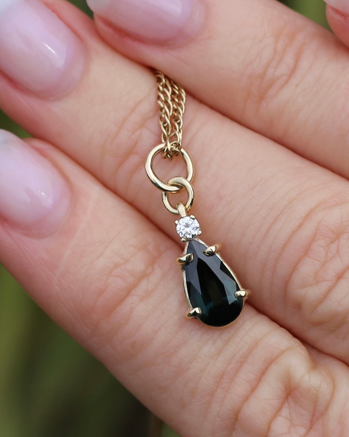 Pear Shaped Natural Teal Pear Sapphire and Diamond Pendant, 9ct Yellow Gold, 1.08g