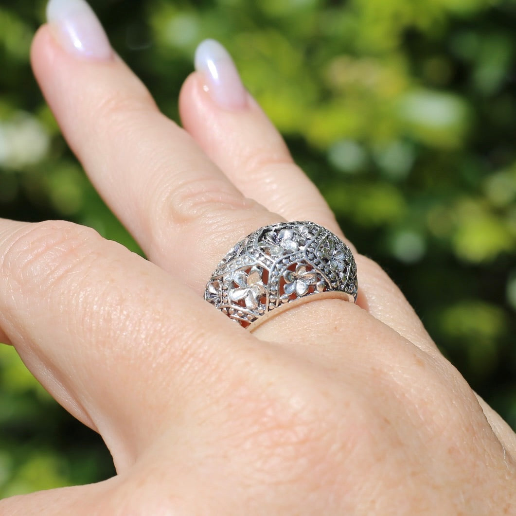 Rustic Silver Dome Frangipani Ring, Silver, size O or 7.25