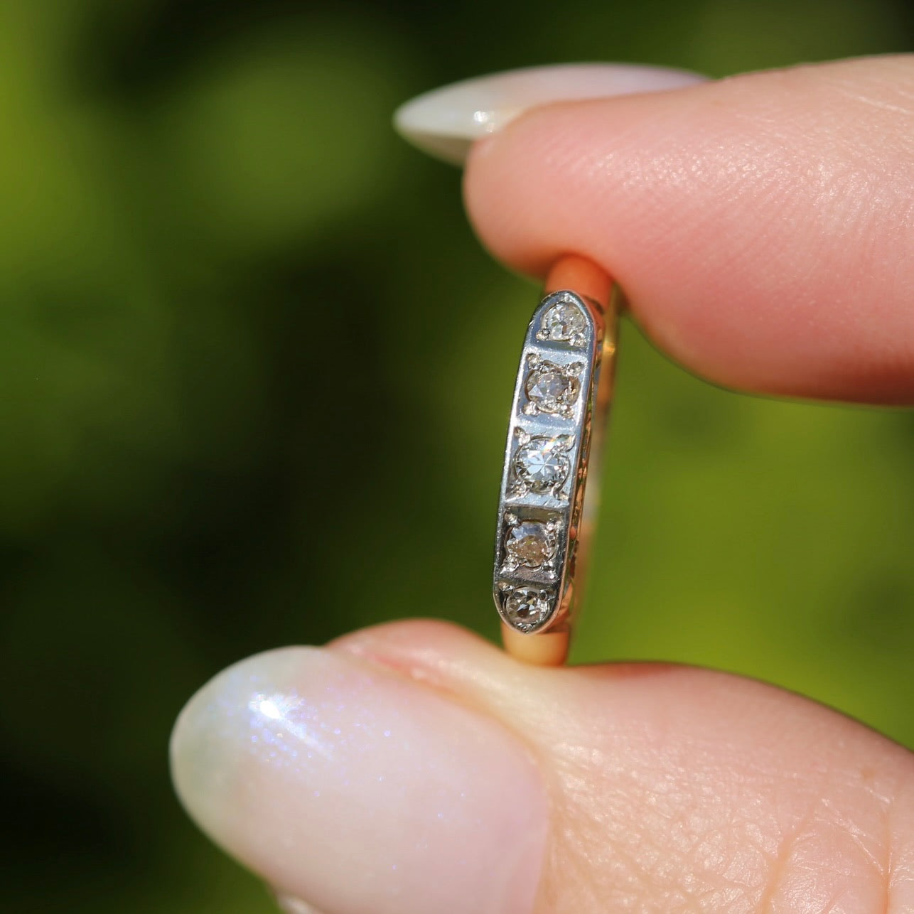 1930s Old Cut 5 Stone Diamond Ring, Platinum and 18ct Yellow Gold, size L or 5.75