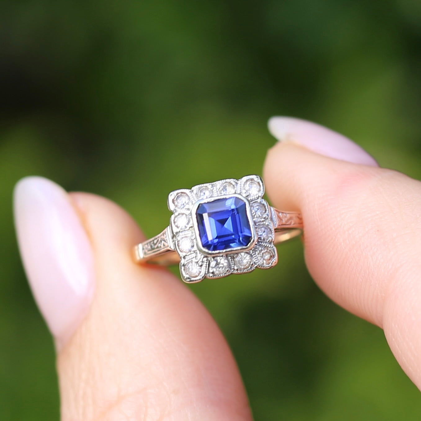 1930s Mixed Metal, Sapphire and White Spinel Halo Ring, 9ct Yellow and White Gold, size J1/2 or 5