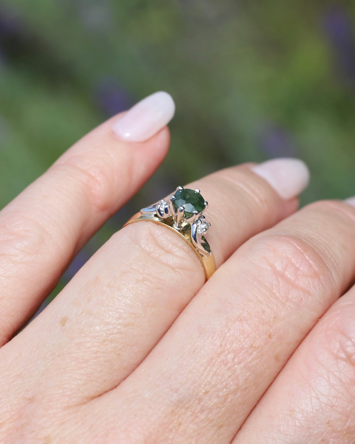 1ct Natural Green Sapphire Ring with White Spinel Side Stones, Silver and 9ct Yellow Gold, size M or 6.25, 2.1g