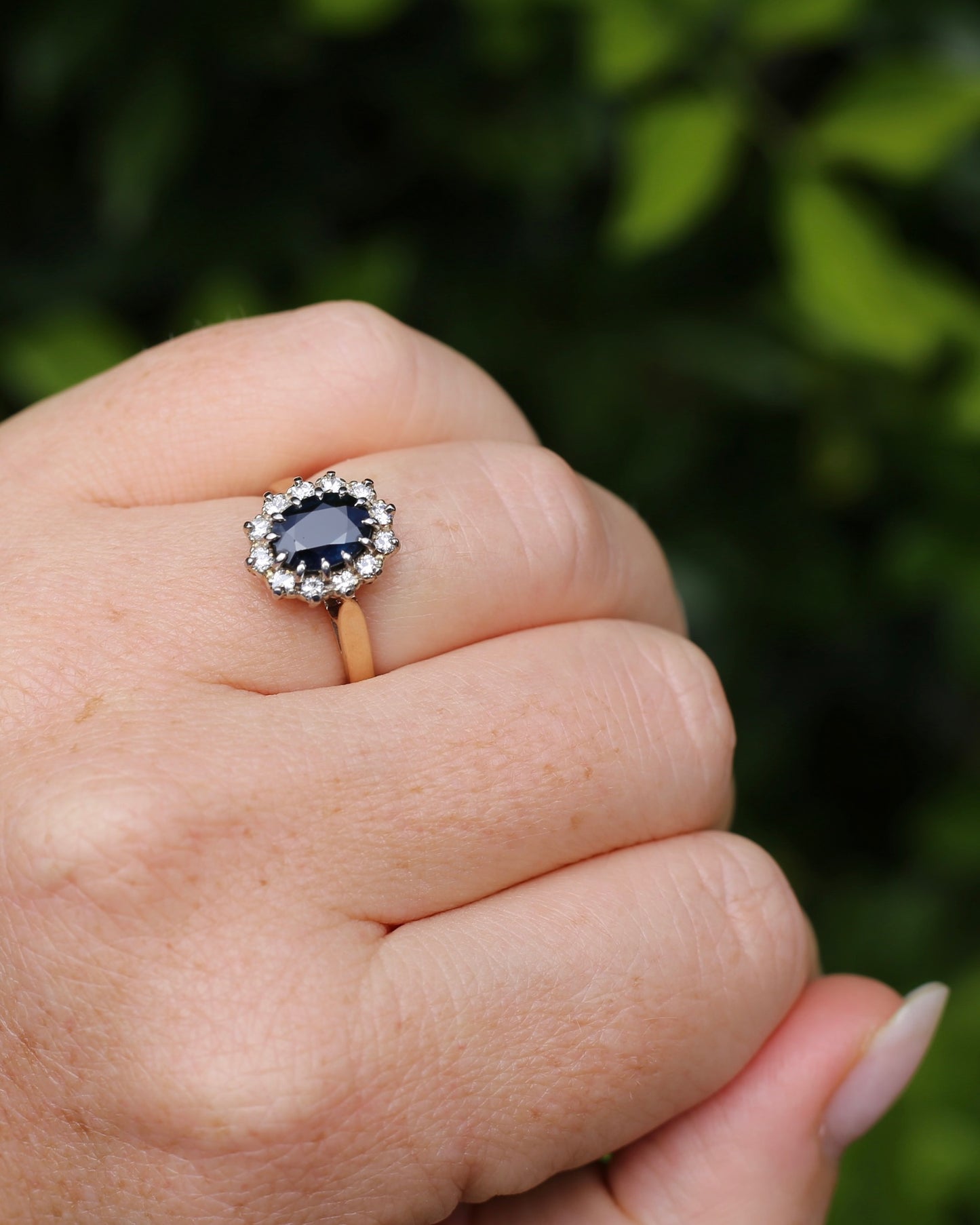 Vintage Natural Sapphire and Diamond Halo, 9ct Yellow and White Gold, size N1/2 or 7