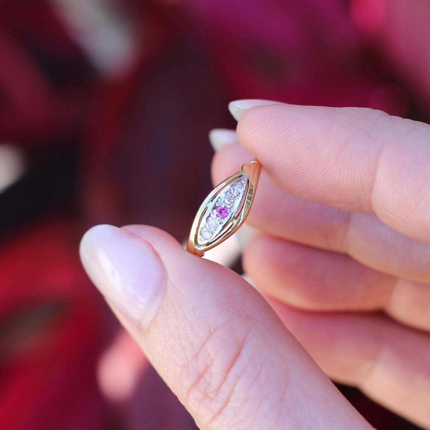 Antique Boat Ring with Four Old Cut Diamonds and an Old Cut Pink Topaz, 18ct Yellow and White Gold, size 7 or N1/2