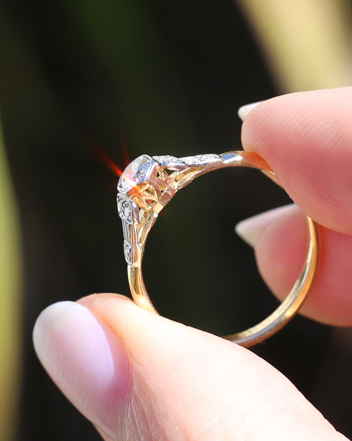 Hexagonal Grain Semi Modern Cut Diamond and Single Cut Diamond Shoulders Ring, 18ct White and Yellow Gold, size P1/2 or 8, 2.58g, with valuation