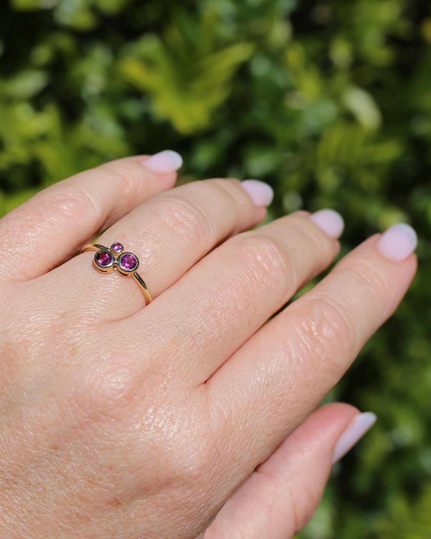 Rhodolite Garnet Three Stone Modern Bezel Set Bubble Trilogy, 9ct Yellow Gold, size O or 7.25, 1.75g
