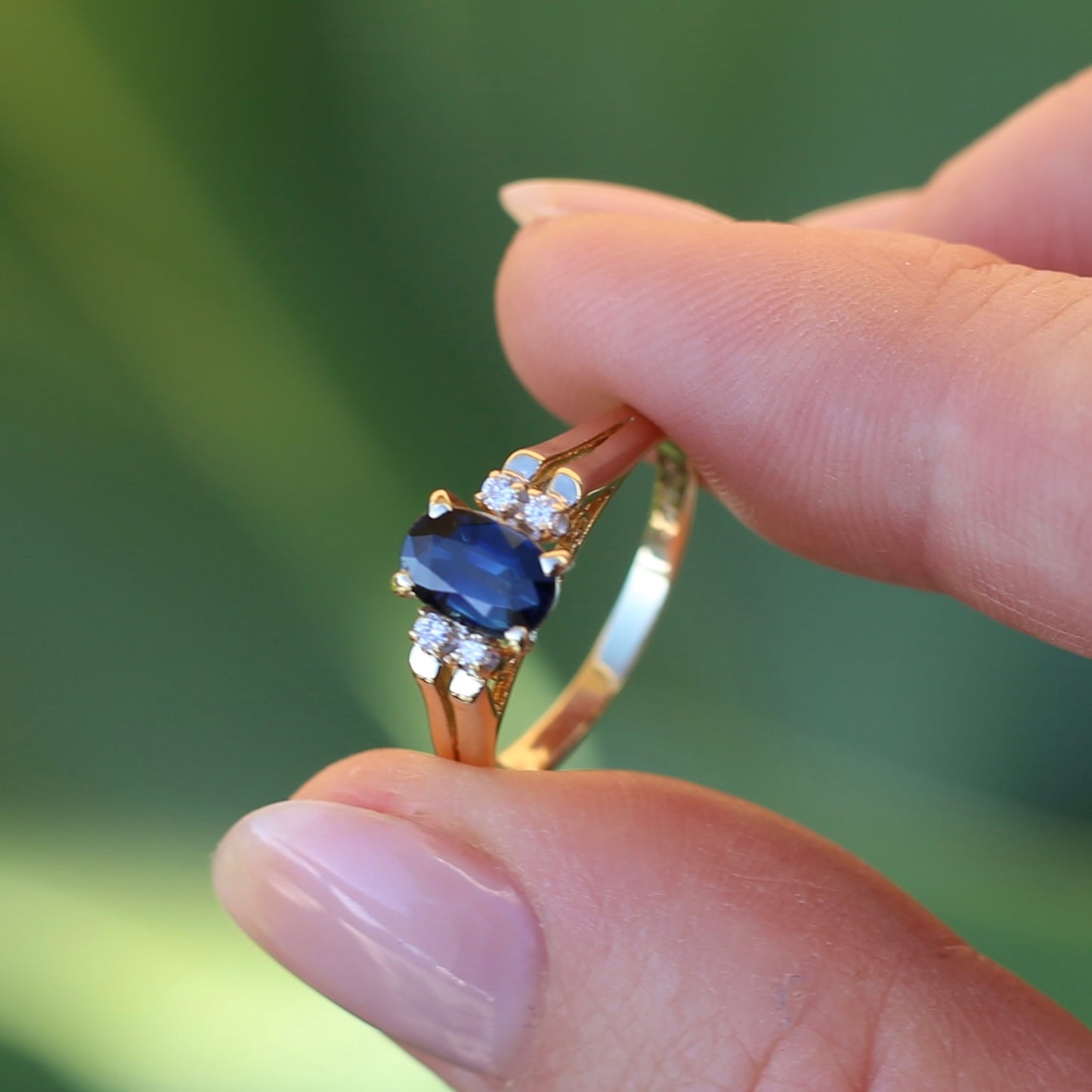 Oval Natural Blue Sapphire with Diamonds, Art Deco Feel Ring, 14ct Yellow Gold, size N or 6.75