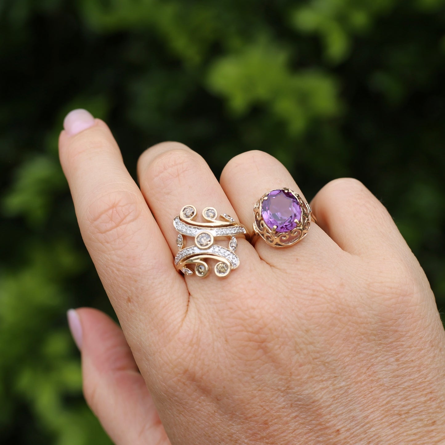 Synthetic Colour Change Purple Sapphire in Filigree Gold Ring, 10ct yellow gold,  size M1/2 or just under 6.5