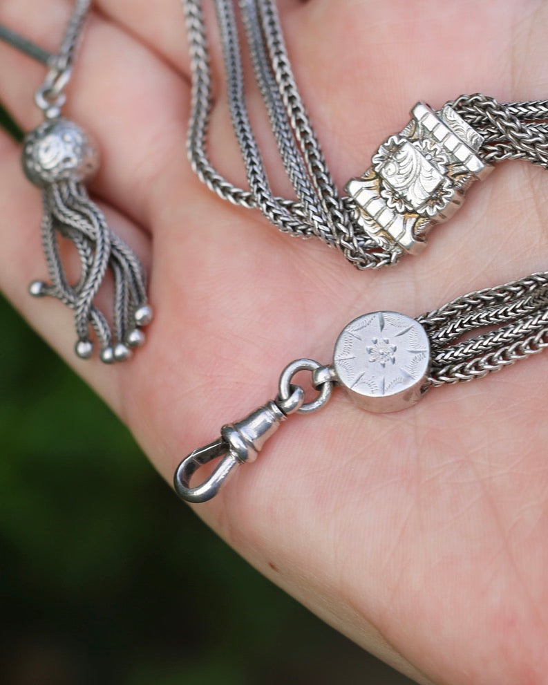 Antique 1901 Double Albertina Necklace with T-bar and Tassel, Sterling Silver, 43.75g