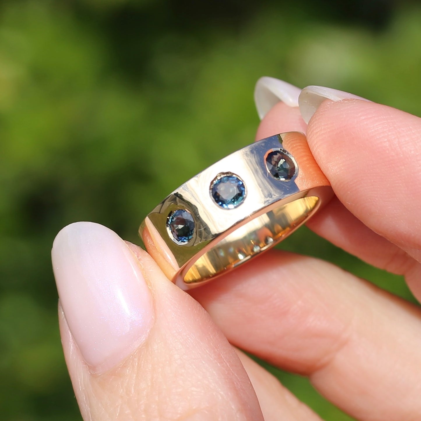 Custom Reclaimed Gold Chunky 9ct Rings with 4mm Parti Sapphires