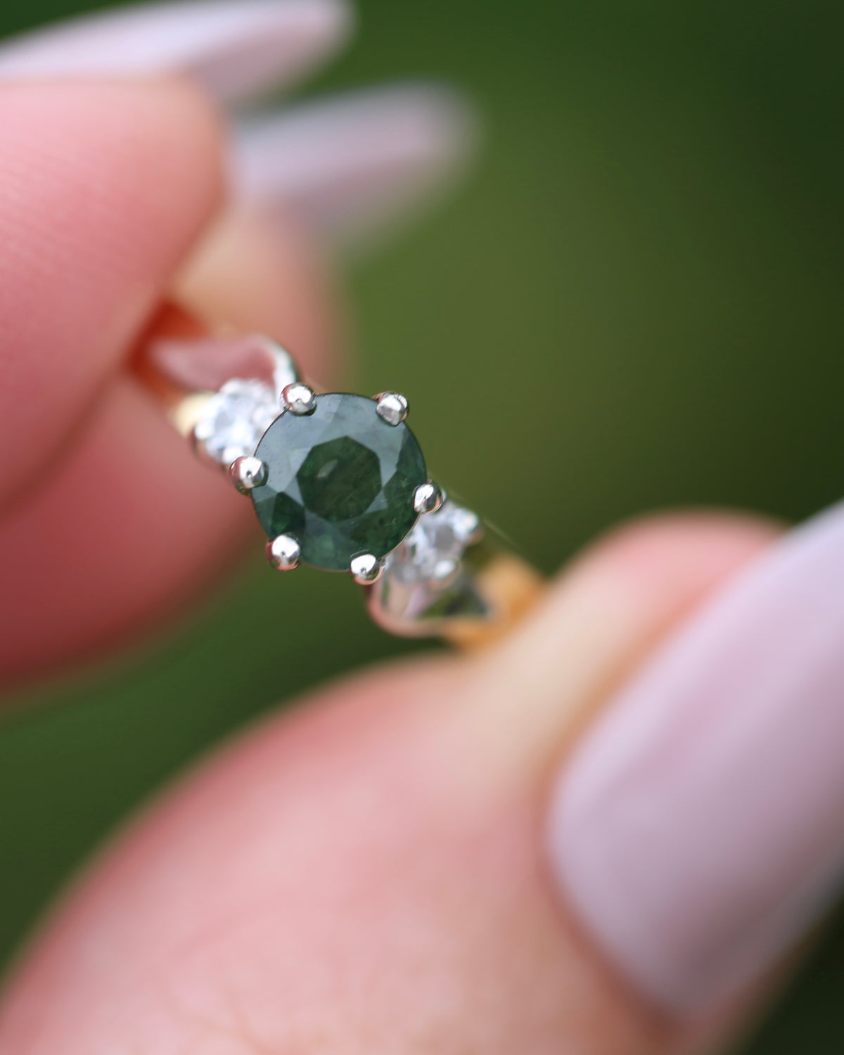 1ct Natural Green Sapphire Ring with White Spinel Side Stones, Silver and 9ct Yellow Gold, size M or 6.25, 2.1g