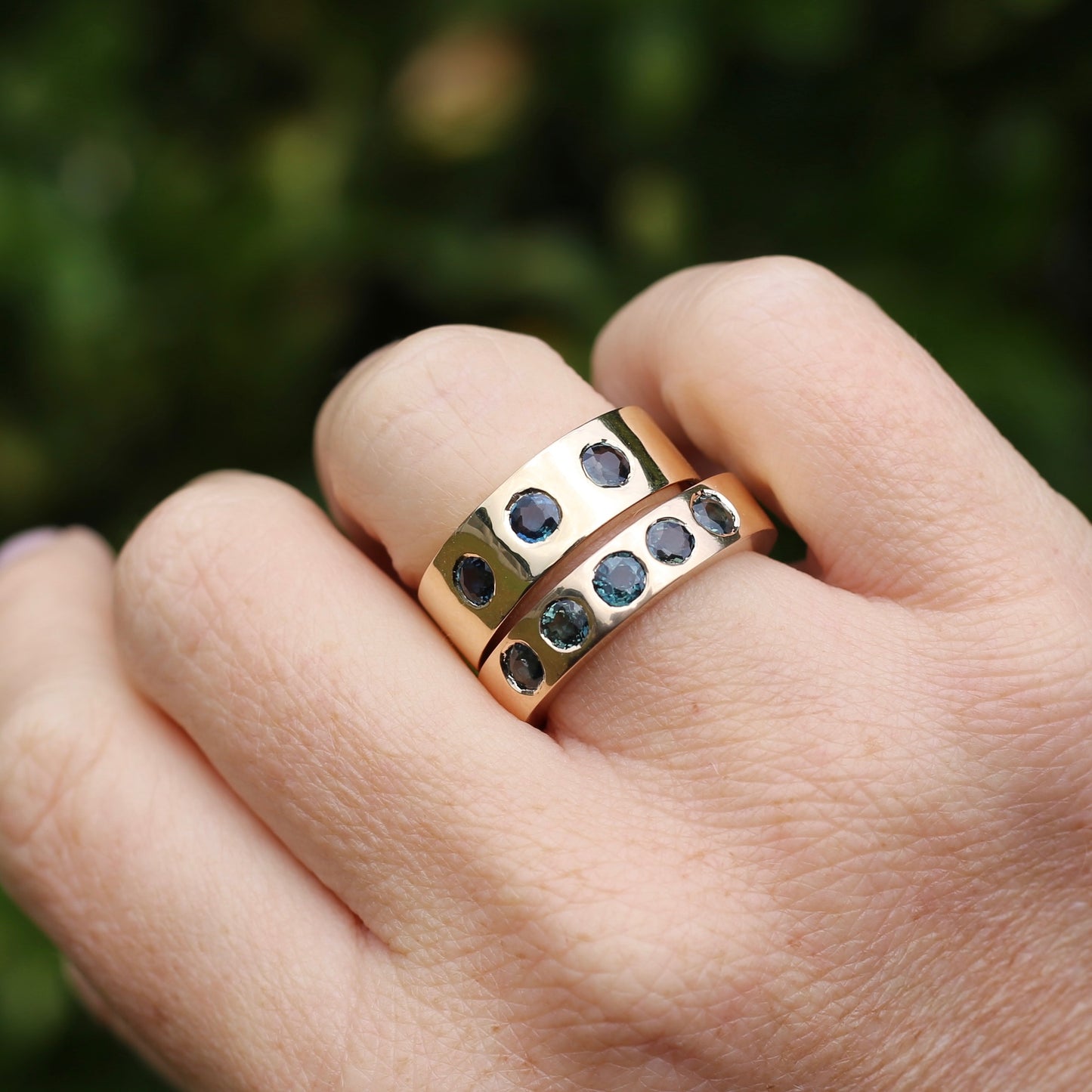 Custom Reclaimed Gold Chunky 9ct Rings with 4mm Parti Sapphires