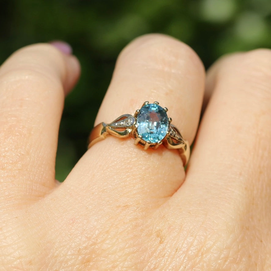 Oval Blue Zircon with Decorative Diamond Shoulders, size N or 6.75