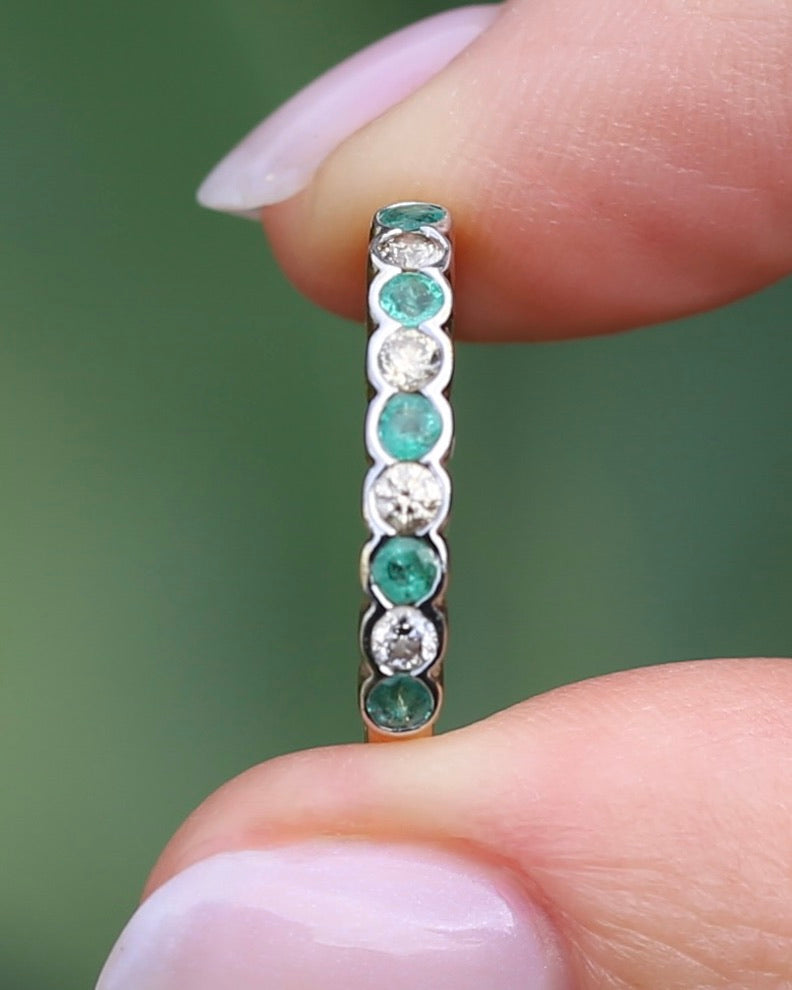 Natural Emerald and Diamond Half Hoop, 9ct Yellow and White Gold, size O or 7.25, 1.76g