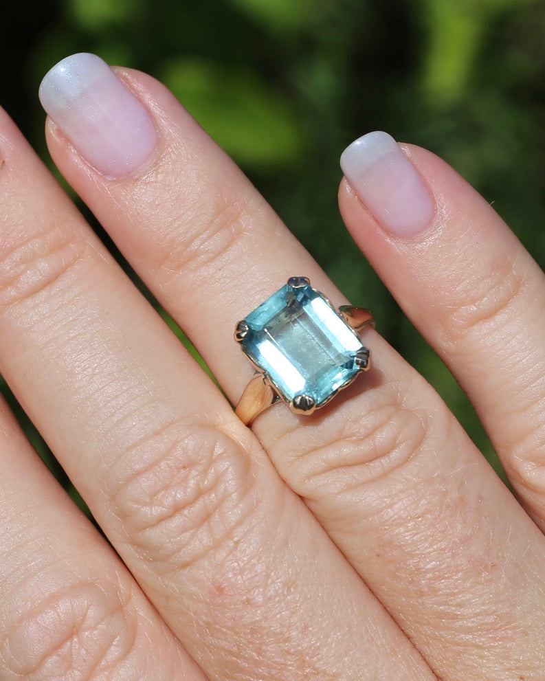 Second Glance - Natural 4.3ct Emerald Cut Aquamarine in Vintage 1963 London Made Ring, 9ct Yellow Gold, size K1/2 or 5.5, 3.04g