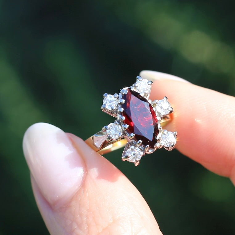 Viking feel Marquise Garnet With 6 Transitional Cut Diamonds, 18ct White and Yellow Gold, size N1/2 or 7