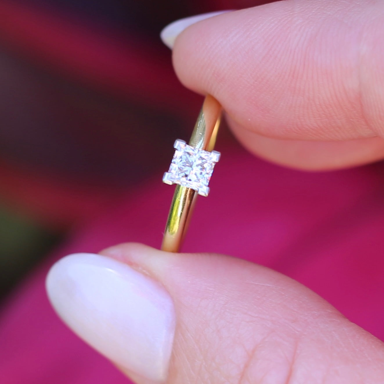 0.5ct Princess Cut Diamond Solitaire, 18ct yellow and white gold, size L or 5.75