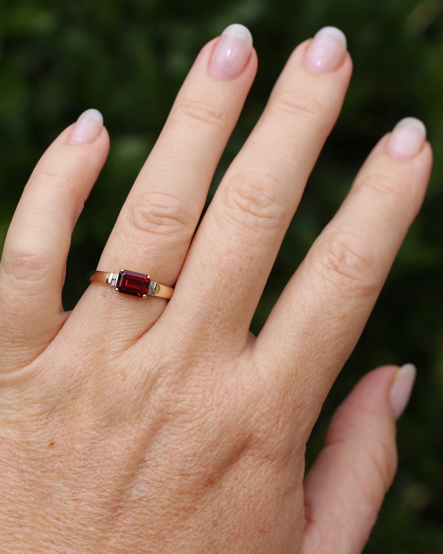 East African East West Set Emerald Cut Garnet and Diamond side stones, 9ct Yellow Gold, size P1/2 or 8