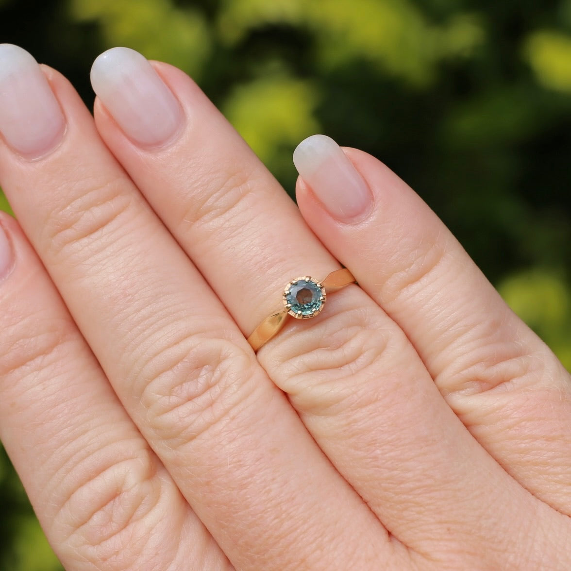 Seafoam Sapphire Solitaire in 8 Claw Setting, 9ct Yellow Gold, size L or just under 5.5