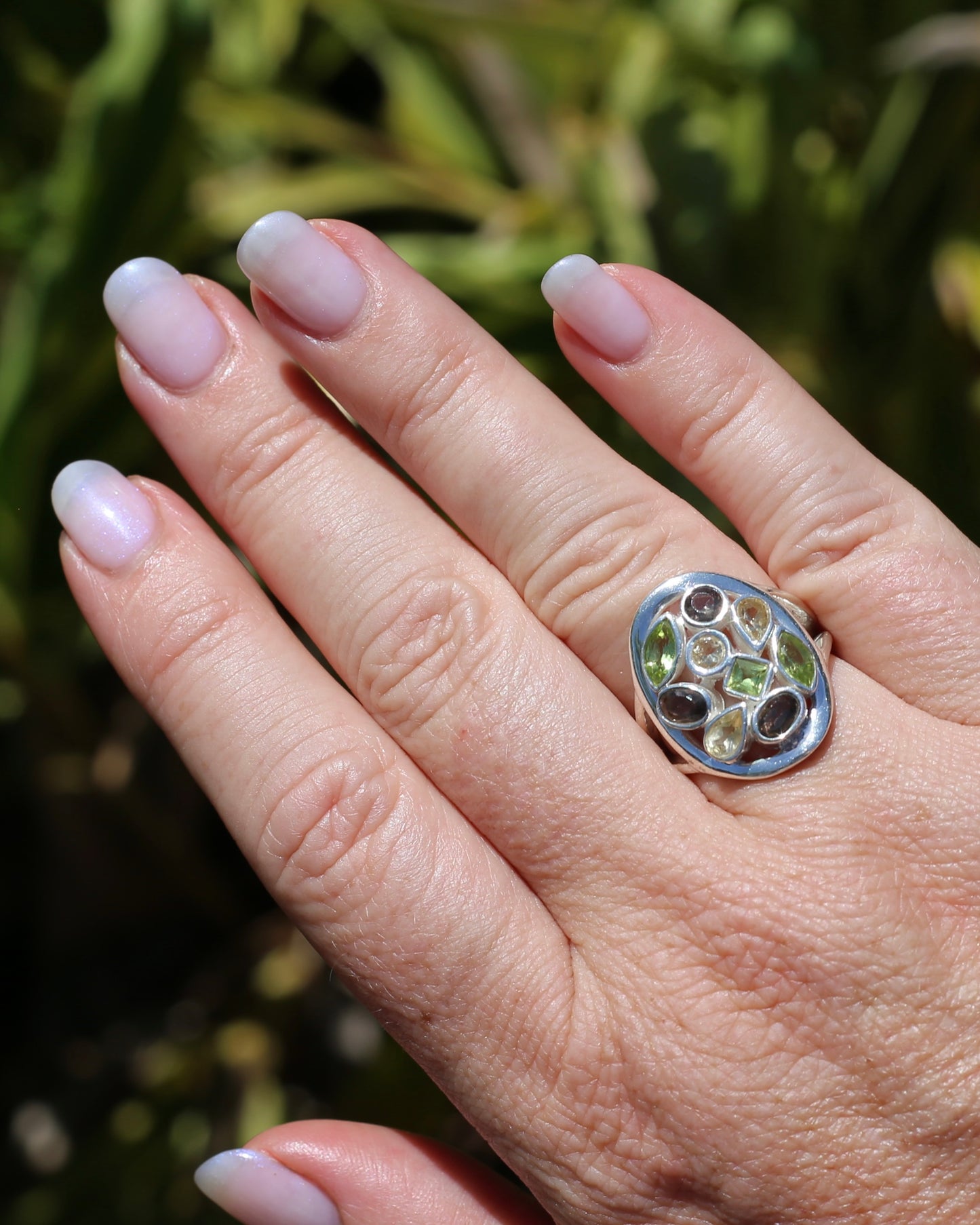 Peridot, Citrine and Smokey Quartz Bezel Set Ring, Sterling Silver, size P or 7.5, 8.27g